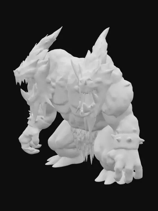 3D model for The object features a powerful, muscular two-headed creature with icy blue skin, jagged, sharp textures, and flame-like elements emanating from its heads, giving it a fierce, mythical appearance.