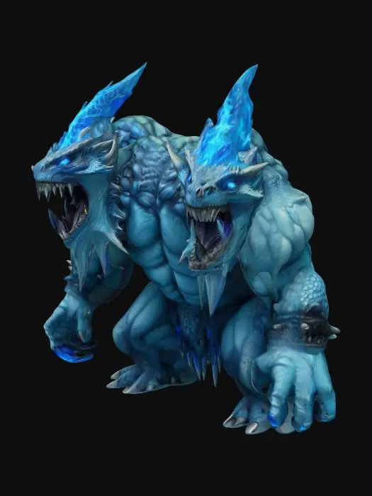 3D model for The object features a powerful, muscular two-headed creature with icy blue skin, jagged, sharp textures, and flame-like elements emanating from its heads, giving it a fierce, mythical appearance.