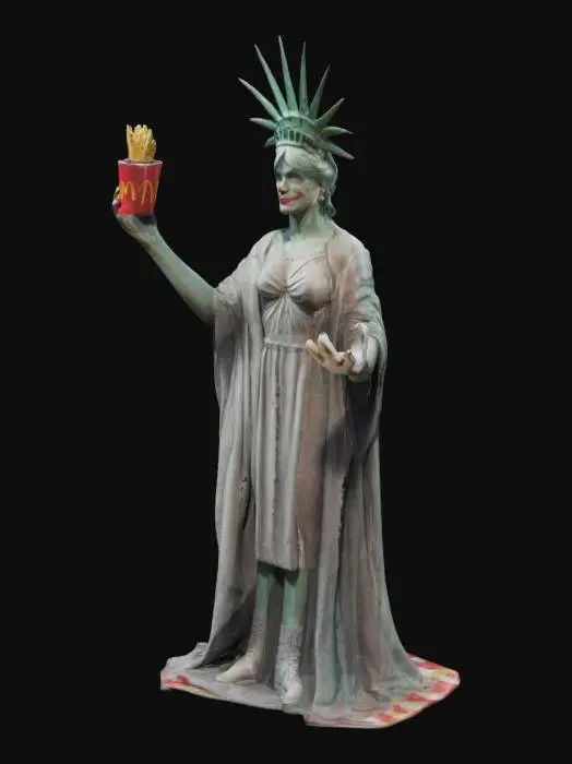 3D model for Fantasy, Highly Detailed, Full Body, A-pose, very musculair and smooth hybrid Humanoid  a randomized combination of an The statue of Liberty and MCDonald's