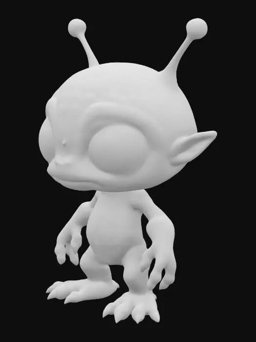 3D model for Chiby style, a friendly, smooth, humanoid alien with big green round eyes, a large round head with antennae and featuring a textured surface resembling small scales, it has three toes and three vingers on each limb