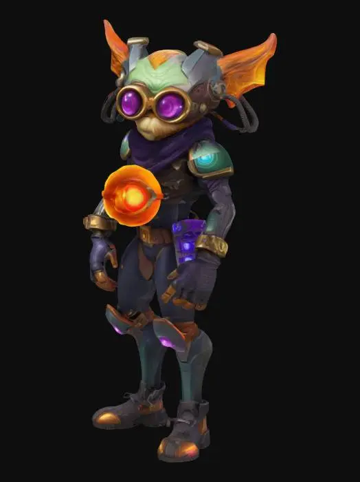 3D model for league of legends style, Heimerdinger, alien or hextech or rocket launcer, high quality, Highly Detailed, Full Body, Symmetrical Body