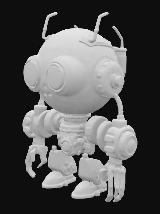 3D model for The object is a , steampunk-style robot Https://nl.pinterest.com/pin/312648399132133065/with large round eyes, intricate mechanical details, and a textured surface featuring metallic gears and bolts, along with vibrant green and brown color accents., Extreme Detailed, Polished, Ultra Realistic, Extreme high quality