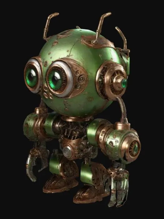3D model for The object is a , steampunk-style robot Https://nl.pinterest.com/pin/312648399132133065/with large round eyes, intricate mechanical details, and a textured surface featuring metallic gears and bolts, along with vibrant green and brown color accents., Extreme Detailed, Polished, Ultra Realistic, Extreme high quality