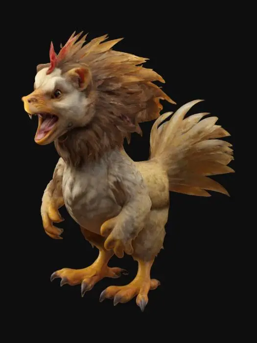 3D model for A , Stylized, Ultra Realistic, humanoid hybrid young chicken with a roaring lion head, stylized high detail, full body, Symmetrical Body