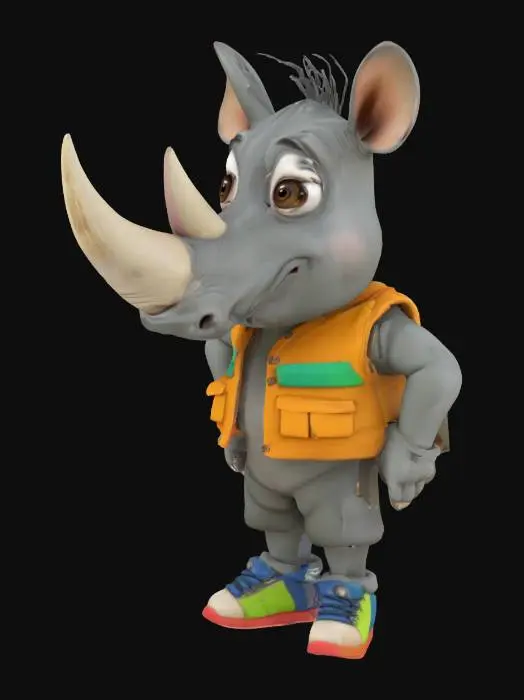 3D model for 3D cartoon, humanoid rhino character, small body with big head, big eyes,  Highly Detailed, ultra realistic