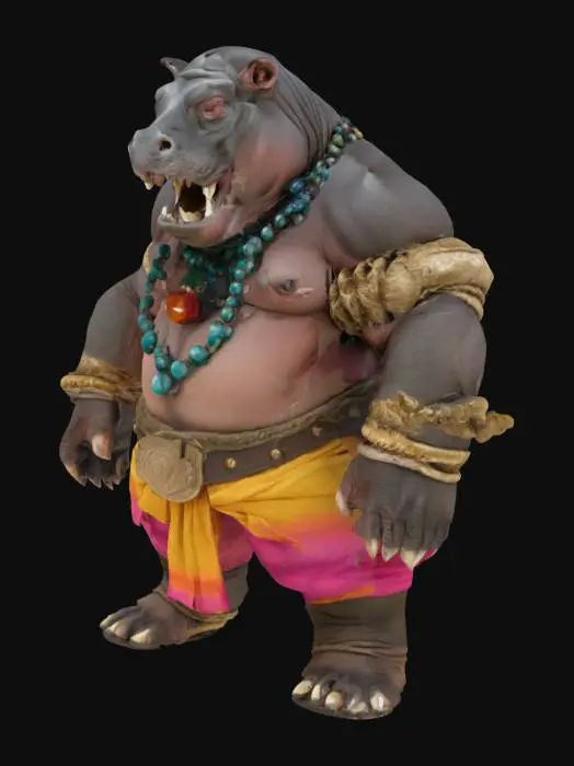 3D model for Create a highly detailed, ultra-realistic, anthropomorphic hippo with an extremely muscular, warrior-like physique, and broad shoulders 300 cm. The hippo should be adorned with hippie clothes and gems that accentuates its already impressive physique, he lion's face should be expressive, with a fierce determination in its eyes. Full Body, a-pose. Super high quality, especial on the inside of the legs and arms. No loose parts.