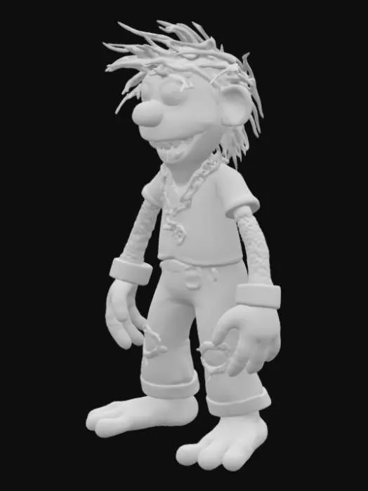 3D model for A figurine of Muppet character Animal, standing with feet shoulder-width apart, A pose, against a plain white background. The character has orange skin, long arms, long legs and is wearing a yellow shirt with puffy sleeves and brown ripped pants with a rope belt tied around the waist. A silver chain is attached to the belt and hangs down to the ground. The character's mouth is open, showing a row of eight irregular white teeth, only in his under jaw, and has black very heavy brows above his eyes and long orange hair on top of its head. The overall appearance is that of a punk rock-inspired zombie, with a black band on the left wrist.