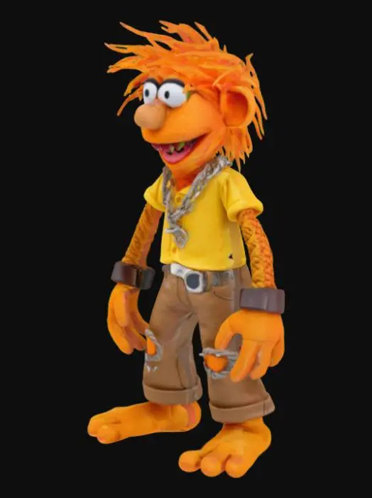 3D model for A figurine of Muppet character Animal, standing with feet shoulder-width apart, A pose, against a plain white background. The character has orange skin, long arms, long legs and is wearing a yellow shirt with puffy sleeves and brown ripped pants with a rope belt tied around the waist. A silver chain is attached to the belt and hangs down to the ground. The character's mouth is open, showing a row of eight irregular white teeth, only in his under jaw, and has black very heavy brows above his eyes and long orange hair on top of its head. The overall appearance is that of a punk rock-inspired zombie, with a black band on the left wrist.