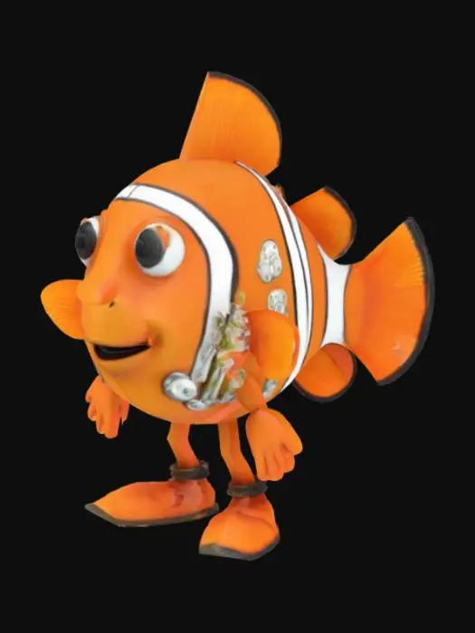 3D model for humanoid cartoon walking clownfish, arms, legs, smooth, flower power,, Ultra Realistic, A-pose, Symmetrical Body, Full Body, Highly Detailed,  heavy steampunk style