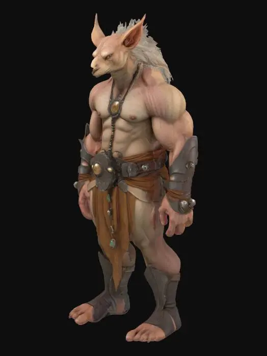 3D model for Create a highly detailed, ultra-realistic, smooth, anthropomorphic creature with an ultra muscular, warrior-like physique and broad shoulders 400 cm. The creature should be adorned with loincloth leather and gems that accentuates its already impressive physique, he creatures face should be expressive, with a fierce determination in its eyes. Extreme steampunk style. Full Body, a-pose. Super high quality, especial on the inside of the legs and arms. No loose parts.