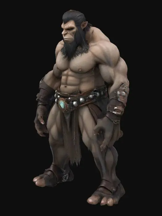 3D model for Create a highly detailed, ultra-realistic, smooth, anthropomorphic creature with an ultra muscular, warrior-like physique and broad shoulders 400 cm. The creature should be adorned with loincloth leather and gems that accentuates its already impressive physique, he creatures face should be expressive, with a fierce determination in its eyes. Extreme steampunk style. Full Body, a-pose. Super high quality, especial on the inside of the legs and arms. No loose parts.