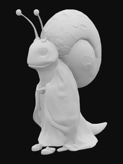 3D model for The image features a large, textured snail with a spiraling stained glass shell, smooth skin, and a humanoid 3D cartoon, humanoid spiritual character, riding it, sitting just behind his head. Super high quality, especial on the inside of the legs and arms. No loose parts, Full Body