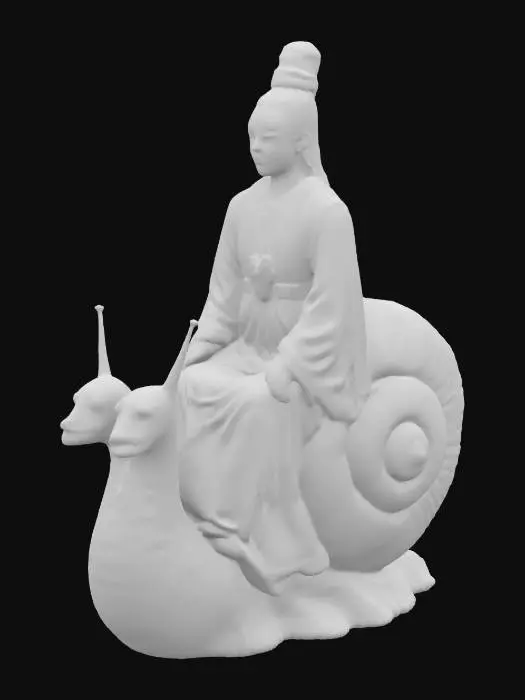 3D model for The image features a large, textured snail with a spiraling stained glass shell, smooth skin, and a humanoid 3D cartoon, humanoid spiritual character, riding it, sitting just behind his head. Super high quality, especial on the inside of the legs and arms. No loose parts, Full Body