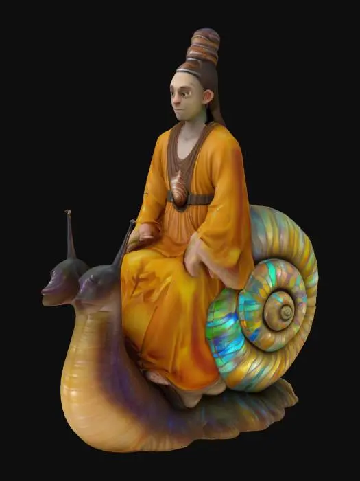 3D model for The image features a large, textured snail with a spiraling stained glass shell, smooth skin, and a humanoid 3D cartoon, humanoid spiritual character, riding it, sitting just behind his head. Super high quality, especial on the inside of the legs and arms. No loose parts, Full Body