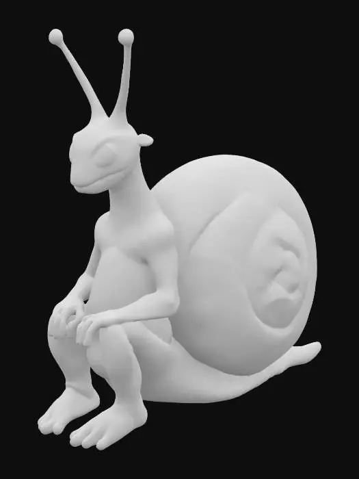 3D model for The image features a large, textured snail with a spiraling stained glass shell, smooth skin, and a humanoid 3D cartoon, humanoid spiritual character, riding it, sitting just behind his head. Super high quality, especial on the inside of the legs and arms. No loose parts, Full Body
