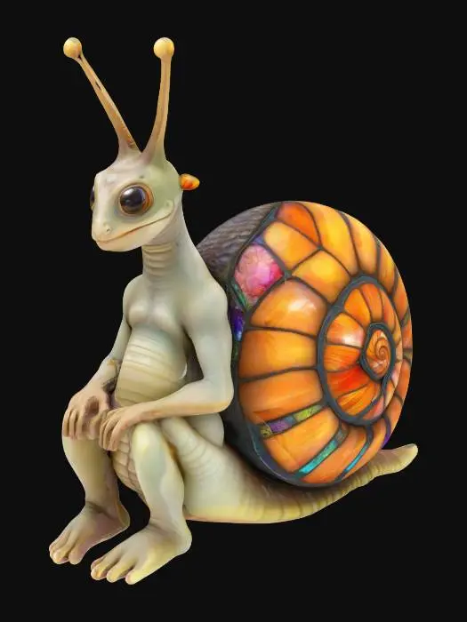 3D model for The image features a large, textured snail with a spiraling stained glass shell, smooth skin, and a humanoid 3D cartoon, humanoid spiritual character, riding it, sitting just behind his head. Super high quality, especial on the inside of the legs and arms. No loose parts, Full Body
