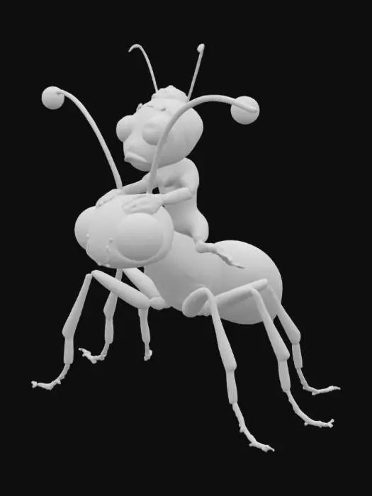 3D model for The image features a large, Black shiny, polished ant with a smooth skin, and large eyes. And a human funny kid 3D animal cartoon, , pixel style, small body with big head, big eyes, in colorful 70's clothes. riding it, sitting just behind his head, jockey seat and it holds the antenna's. Super high quality, especial on the inside of the legs and arms. No loose parts, Full Body