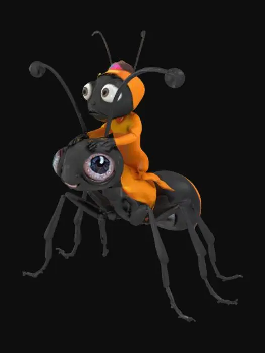 3D model for The image features a large, Black shiny, polished ant with a smooth skin, and large eyes. And a human funny kid 3D animal cartoon, , pixel style, small body with big head, big eyes, in colorful 70's clothes. riding it, sitting just behind his head, jockey seat and it holds the antenna's. Super high quality, especial on the inside of the legs and arms. No loose parts, Full Body