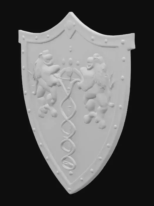 3D model for The object is a heraldic shield depicting eternal love with a blue and red background featuring golden glowing lion and heart symbols, a DNA helix, and an oak leaf, golden frame, Medieval, Highly Detailed, Ultra Realistic, Polished, , #emblem#