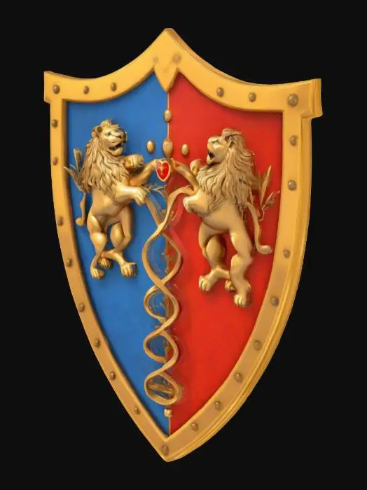3D model for The object is a heraldic shield depicting eternal love with a blue and red background featuring golden glowing lion and heart symbols, a DNA helix, and an oak leaf, golden frame, Medieval, Highly Detailed, Ultra Realistic, Polished, , #emblem#