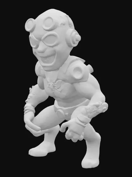 3D model for caricature of spiderman, with extreme facial features and extreme muscular and little body, steampunk style