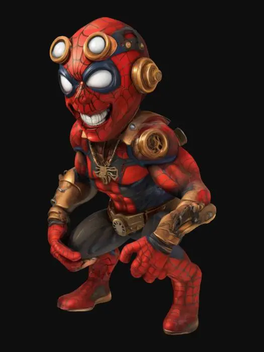 3D model for caricature of spiderman, with extreme facial features and extreme muscular and little body, steampunk style