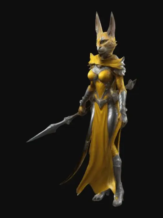 3D model for Highly Detailed, Battle Pose, Fantasy, Female Tabaxi, extreme muscular, Blue cloack Dungeons and Dragons style, Highly Detailed, Full Body, wears a  a Shiny polished suit of armor