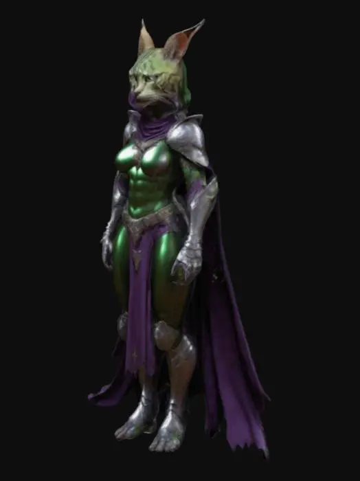 3D model for Highly Detailed, Battle Pose, Fantasy, Female Tabaxi, extreme muscular, Blue cloack Dungeons and Dragons style, Highly Detailed, Full Body, wears a  a Shiny polished suit of armor