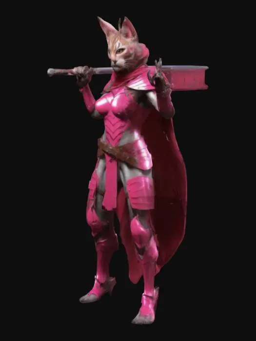 3D model for Highly Detailed, Battle Pose, Fantasy, Female Tabaxi, extreme muscular, Blue cloack Dungeons and Dragons style, Highly Detailed, Full Body, wears a  a Shiny polished suit of armor