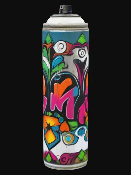 3D model for Stylized, Highly Detailed graffity spray can drawing with vibrant colors on a weathered stone wall. 