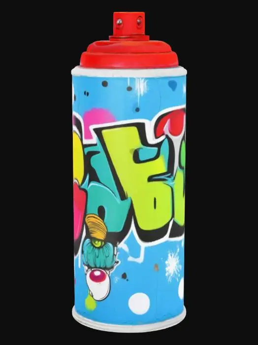 3D model for Stylized, Highly Detailed graffity spray can drawing with vibrant colors on a weathered stone wall. 
