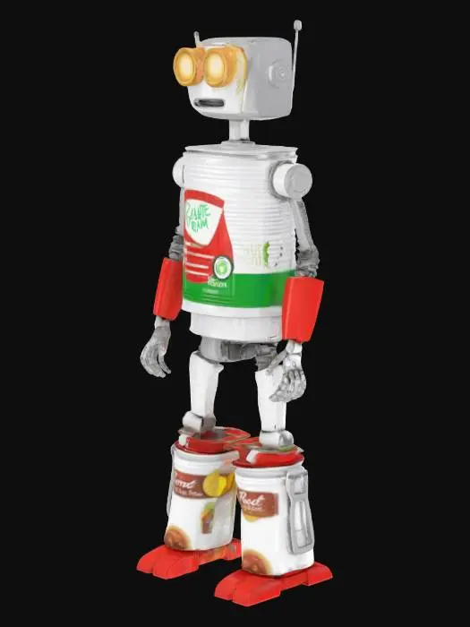 3D model for Create a complete robot from tin cans, food and drink, Stylized, Sci-Fi, Game Assets, Highly Detailed