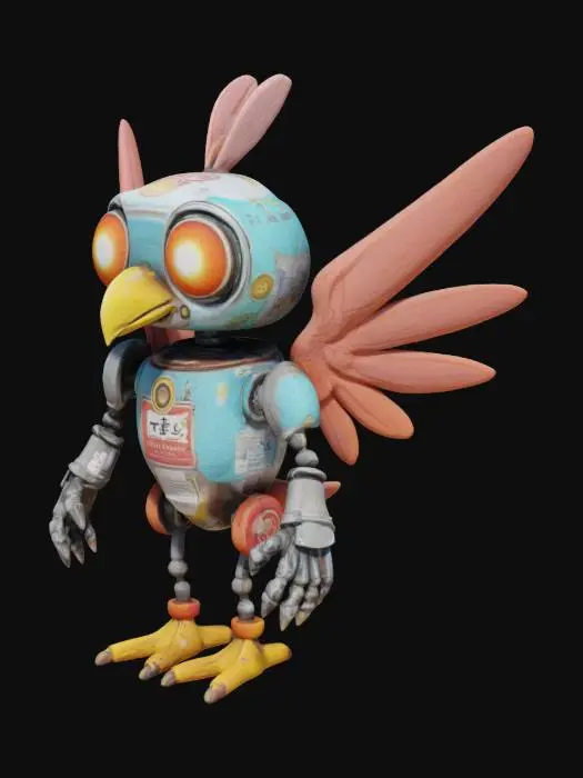 3D model for Create a complete bird robot from tin cans, food and drink, Stylized, Sci-Fi, Game Assets, Highly Detailed
