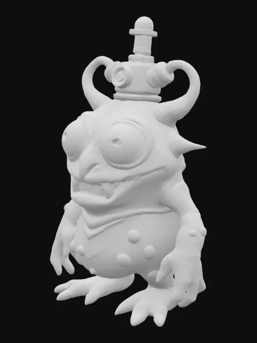 3D model for A fantasy caricature monster with extreme bulbous, bulging eyes, extreme broad maw, an atomic reactoron his forehead, world of warcraft, leage of legends, pipo de clown style