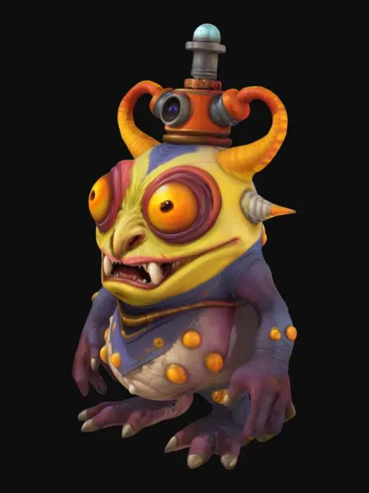 3D model for A fantasy caricature monster with extreme bulbous, bulging eyes, extreme broad maw, an atomic reactoron his forehead, world of warcraft, leage of legends, pipo de clown style