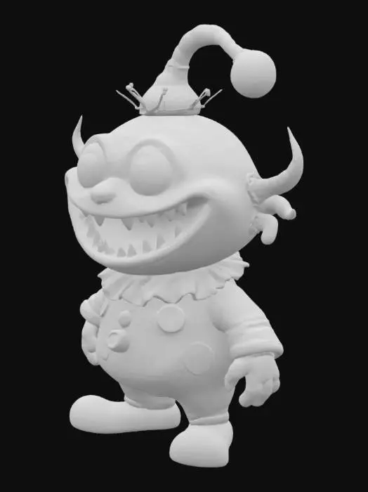 3D model for A fantasy caricature monster with extreme bulbous, bulging eyes, extreme broad maw, an atomic reactoron his forehead, world of warcraft, leage of legends, pipo de clown style