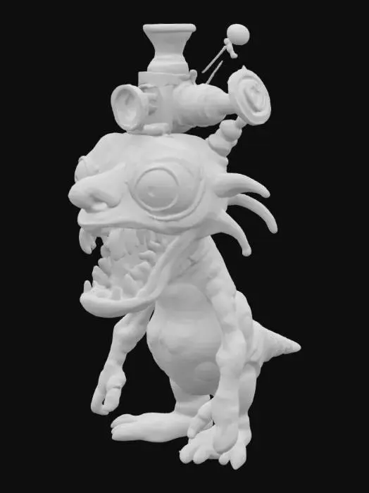 3D model for A fantasy caricature monster with extreme bulbous, bulging eyes, extreme broad maw, an atomic reactoron his forehead, world of warcraft, leage of legends, pipo de clown style