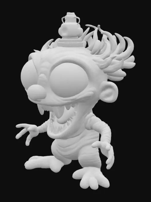 3D model for A fantasy caricature monster with extreme bulbous, bulging eyes, extreme broad maw, an atomic reactoron his forehead, world of warcraft, leage of legends, pipo de clown style