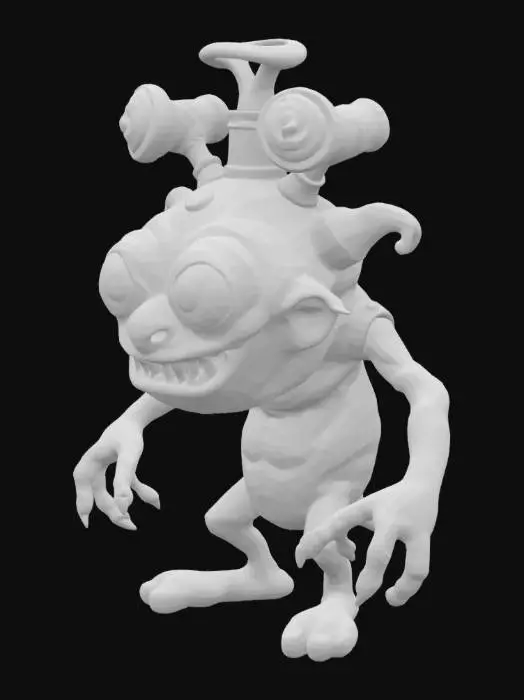 3D model for A fantasy caricature monster with extreme bulbous, bulging eyes, extreme broad maw, an atomic reactoron his forehead, world of warcraft, leage of legends, pipo de clown style