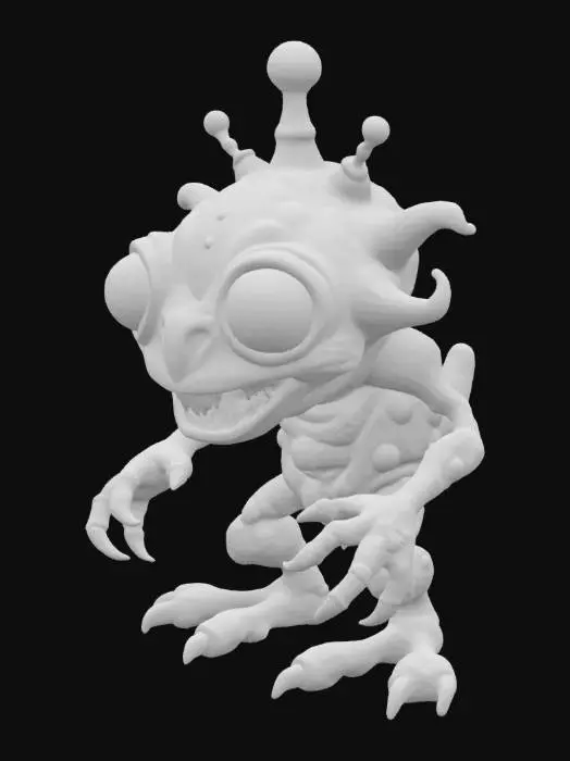 3D model for A fantasy caricature monster with extreme bulbous, bulging eyes, extreme broad maw, an atomic reactoron his forehead, world of warcraft, leage of legends, pipo de clown style