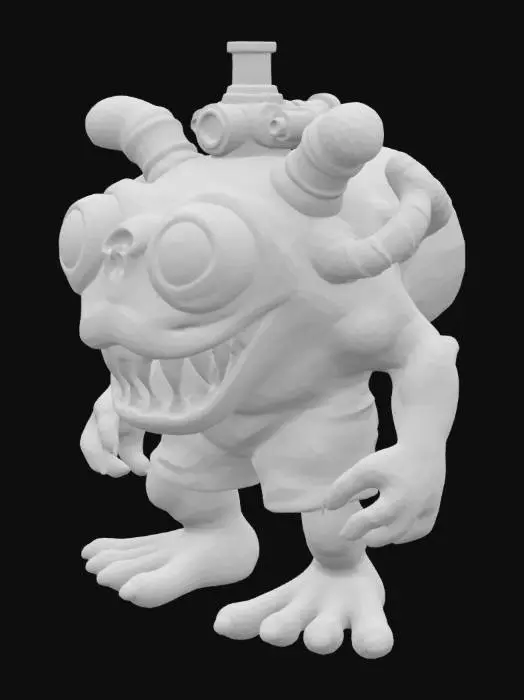 3D model for A fantasy caricature monster with extreme bulbous, bulging eyes, extreme broad maw, an atomic reactoron his forehead, world of warcraft, leage of legends, pipo de clown style