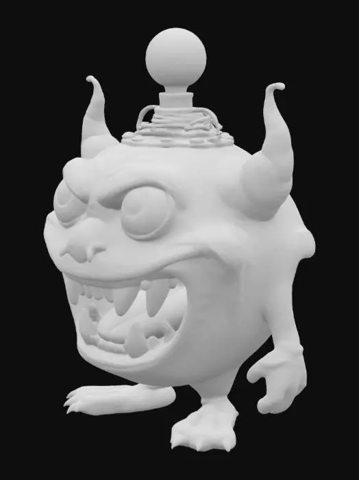 3D model for A fantasy caricature monster with extreme bulbous, bulging eyes, extreme broad maw, an atomic reactoron his forehead, world of warcraft, leage of legends, pipo de clown style
