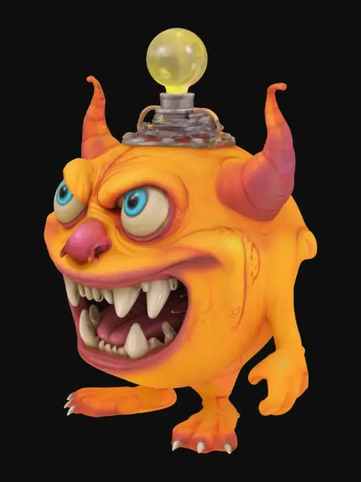 3D model for A fantasy caricature monster with extreme bulbous, bulging eyes, extreme broad maw, an atomic reactoron his forehead, world of warcraft, leage of legends, pipo de clown style