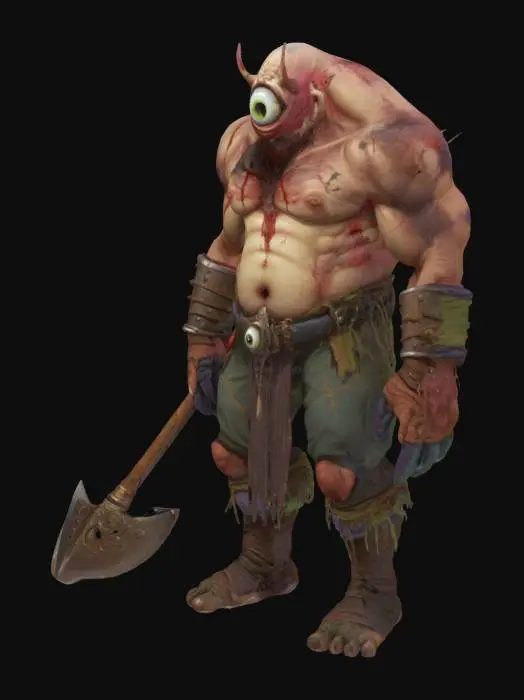 3D model for A giant with one bulbous bulging eye, large festering bumps on his ugly face, armed with sword or axe, legue of legend, pipo de clown and world of warcraft style,