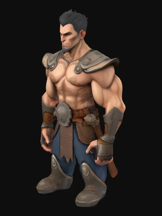 3D model for ultra detailed . comic style. pixar style. art-style :The elder scrolls. . highly clean stylized look. extrem detailed muscular Body. light leather amour. e.game assets.ensure solid printable figurine.