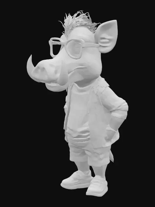 3D model for Art-Style: Pixar, ultra-realistic, all the textures are well lit and bright, ultra cartoonish colors.a. caricature, pixar style warthog with a big crooked smile showing big croocked buck teeth and prominent tusks, wearing black-framed glasses and an colorful plaid shirt over a fitting color t-shirt with a picture of another warthog's face and the text "W" in white font on a black oval background. Full body