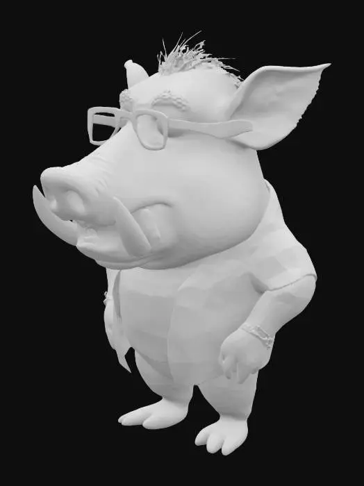 3D model for Art-Style: Pixar, ultra-realistic, all the textures are well lit and bright, ultra cartoonish colors.a. caricature, pixar style warthog with a big crooked smile showing big croocked buck teeth and prominent tusks, wearing black-framed glasses and an colorful plaid shirt over a fitting color t-shirt with a picture of another warthog's face and the text "W" in white font on a black oval background. Full body
