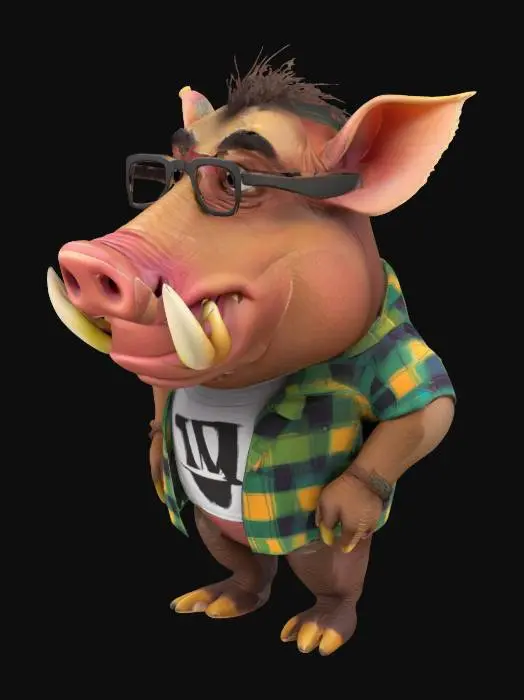 3D model for Art-Style: Pixar, ultra-realistic, all the textures are well lit and bright, ultra cartoonish colors.a. caricature, pixar style warthog with a big crooked smile showing big croocked buck teeth and prominent tusks, wearing black-framed glasses and an colorful plaid shirt over a fitting color t-shirt with a picture of another warthog's face and the text "W" in white font on a black oval background. Full body