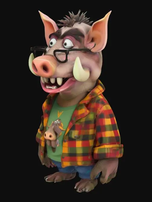 3D model for Art-Style: Pixar, ultra-realistic, all the textures are well lit and bright, ultra cartoonish colors.a. caricature, pixar style warthog with a big crooked smile showing big croocked buck teeth and prominent tusks, wearing black-framed glasses and an colorful plaid shirt over a fitting color t-shirt with a picture of another warthog's face and the text "W" in white font on a black oval background. Full body
