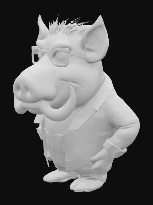 3D model for Art-Style: Pixar, ultra-realistic, all the textures are well lit and bright, ultra cartoonish colors.a. caricature, pixar style warthog with a big crooked smile showing big croocked buck teeth and prominent tusks, wearing black-framed glasses and an colorful plaid shirt over a fitting color t-shirt with a picture of another warthog's face and the text "W" in white font on a black oval background. Full body